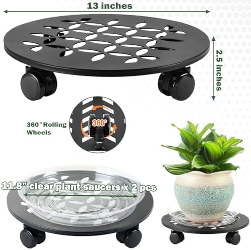 2 Packs 13" Large Metal Plant Caddy with Wheels Heavy-Duty Plant Dolly Pot Mover Rollers Rolling Wheeled Plant Stands Indoor Outdoor Garden Coaster Trolley, Black