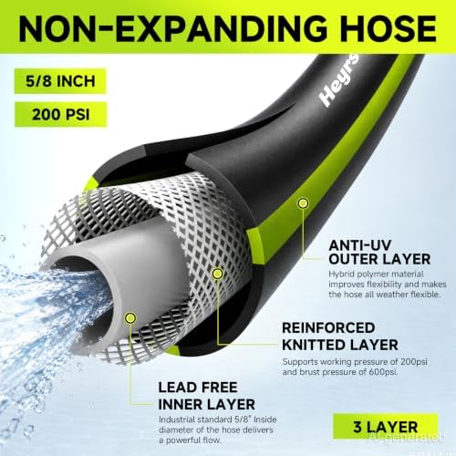 Garden Hose 25ft, Non-Expandable Heavy Duty Water Hose with 10 Function Sprayer, Flexible, Leakproof, Kink Resistant & Hybrid Hose for Yard, Outdoor, 600 PSI