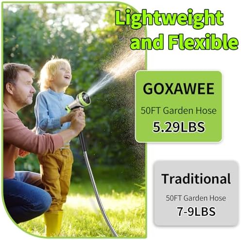 GOXAWEE 50FT Garden Hose, Stainless Steel Water Hose, 10 Function Nozzle
