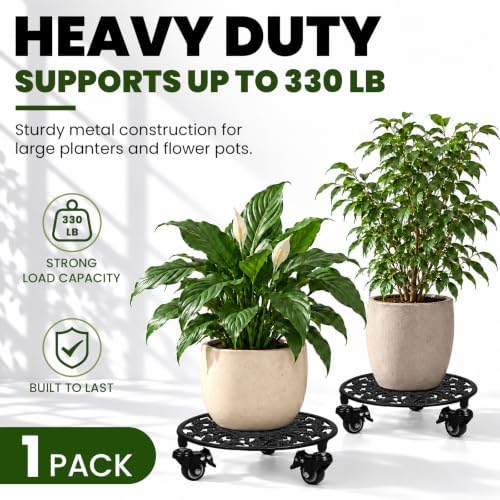 1 Pack 11" Heavy Duty Round Metal Plant Caddy with Wheels, Black