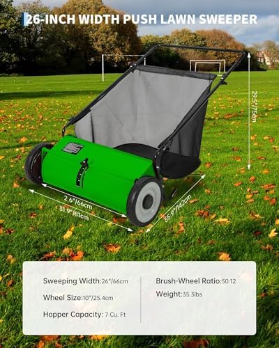 26-Inch Lawn Sweeper, 198L Extra-Large Collection Bag, 4 High-Speed Rotating Brushes, Adjustable Height Settings, Easy Leaf, Grass & Debris Cleanup for Lawns, Driveways, Patios & Artificial Turf