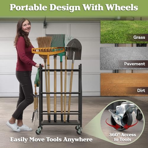 Garage Garden Tool Organizer with Wheels - Yard Tool Storage Rack with 28 Slots for Long Handles, 10 Hooks, 2 Cord Wrappers, and Locking Wheels - Shed or Garage Organization by Pure Garden