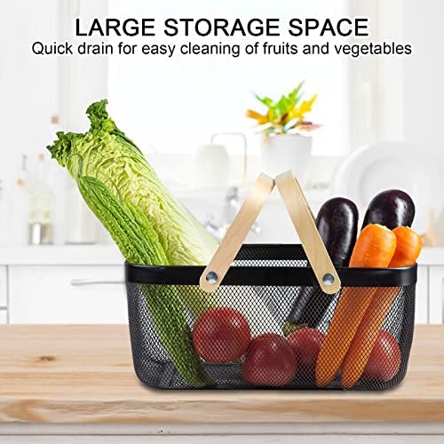 Portable Garden Harvest Basket-Mesh Design Natural Bamboo Handle Wire Storage Baskets,Mesh Basket with Handle Organize Items Reduce Space Occupation,Suitable for Kitchen,Garden,Picnic(Black)