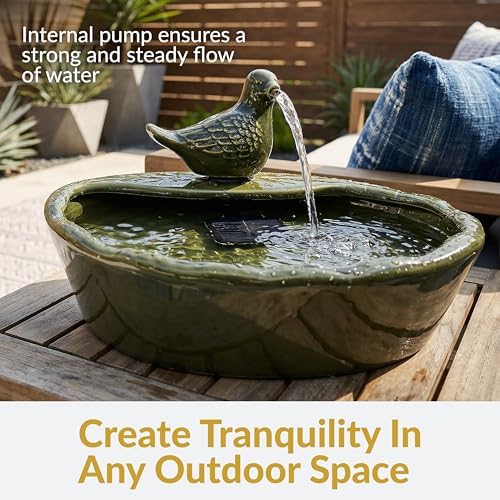 Sunnydaze 7" Ceramic Solar Powered Garden Water Fountain, Dove Spout, Green