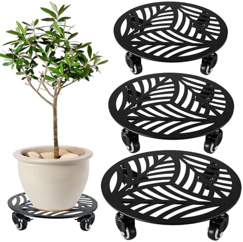 3 Packs Large Metal Plant Caddy with Wheels 12/13/13.6 inches Heavy-Duty Iron Rolling Plant Stand with Casters Indoor Outdoor Wheeled Plant Roller Base Pot Movers Plant Dolly Coaster Trolley Black