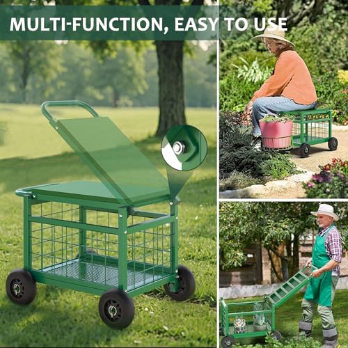 Garden Cart with Seat,3-in-1 Rolling Seat with Wheels for Seniors Gardening