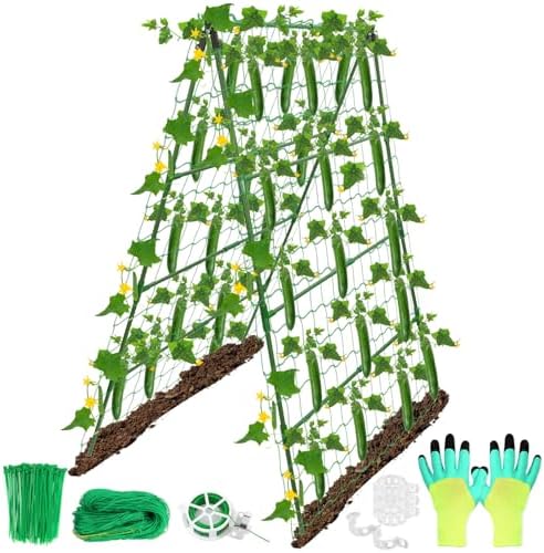 32 x 53 Inch Cucumber Trellis for Climbing Plants Outdoor A-Frame Garden Trellis for Raised Bed Detachable Sturdy Garden Plant Support Trellis for Small Plant Vegetable Flower Grape with Climbing Net
