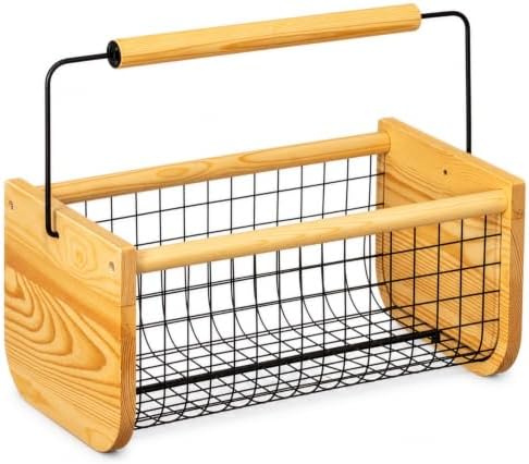 Vintage Harvest Basket Pine Wood & Metal Mesh Wire Design Wooden Frame with Straight Handle for Fruits Vegetables Kitchen Organization Decorative Storage Home Décor & Garden Display