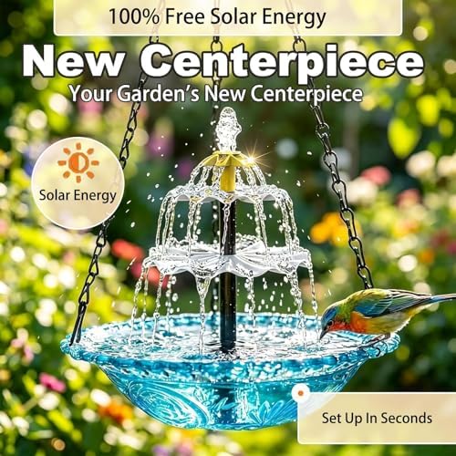 Hanging Solar Bird Bath Fountain,3 Layers Hanging Bird Bath for Outside with Solar Fountain,Flowing Water Large Humming Birds Baths Fountains with Solar Pump & Plastic Bowl, for Outdoor, Gardens(Blue)