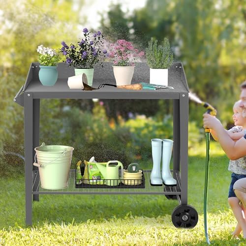 DDK Outdoor Metal Potting Bench with Wheels, Storage Shelf, Dark Gray