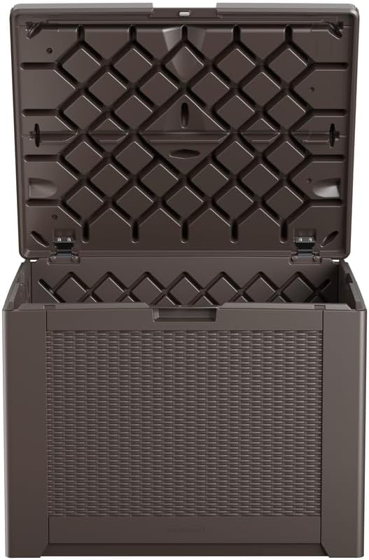 Rubbermaid Medium Resin Outdoor Storage Deck Box (74 Gal) Weather Resistant Brown Deck Organization for Home/Backyard/Pool Chemicals/Toys/Garden Tools/Porch/Patio Cushions