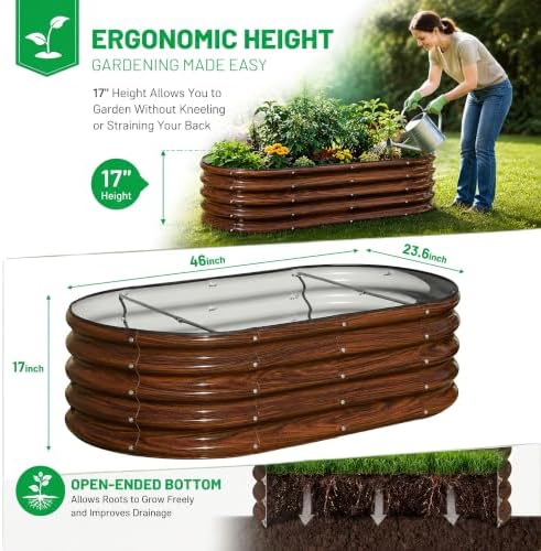 4x2x1.5ft Raised Garden Bed Outdoor, 17" Tall Galvanized Metal Planter Box, Oval Raised Garden Bed Kit for Planting Vegetables Plants Fruits, Brown