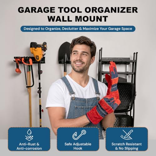 Garage Tool Organizer Wall Mount, 80 Inch Heavy Duty Garage Storage Rack, Up to 440 LB Capacity, 10 Adjustable Hooks & 5 Racks, Garden Tool Organizer for Shovels, Rakes & Brooms