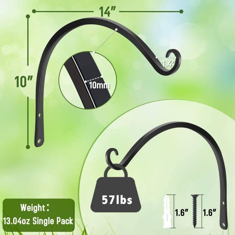 FEED GARDEN 2 Pack 14 Inch Hanging Plant Bracket Wall Hooks Decorative Plant Hangers for Outdoor Hanging Bird Feeders, Wind Chimes, Plant Baskets, Black