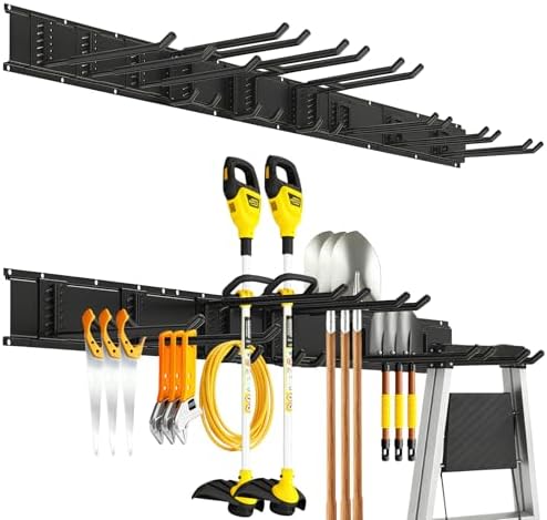 Garage Tool Organizer Wall Mount, 48inch Heavy-Duty Garage Storage System and Garden Tool Organizer with 9 Adjustable Hooks for Shovel, Snowboard, Yard Tools and Shed