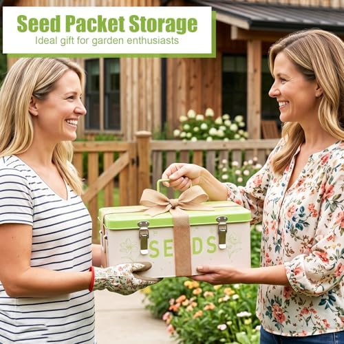 Seed Storage Organizer Box – Large Metal Seed Box with Dividers, 50 Envelopes, 100 Plant Labels, 50 Clips & Marker Pen | Seed Packet Container for Garden