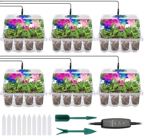 Seed Starter Trays with Grow Lights, 72 Cells Seed Starter Kit with Lights, 4 Timing Set, Germination Kit for Seed Starting Trays, Seedling Starter with High Humidity Control Domes (White, 6PCS)