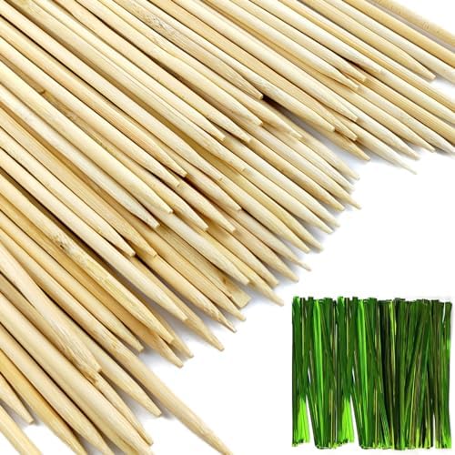 100PCS 18" Wooden Garden Stakes with 100PCS 4" Garden Ties, Green Bamboo Sticks, Floral Plant Support, Tomato Stakes (Natural)
