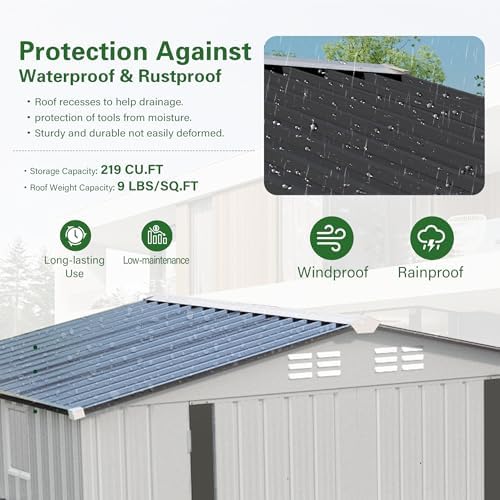 8x6 FT Outdoor Storage Shed, Metal Garden Shed with Window, Outside Tool Sheds with Lockable Hinged Doors, Waterproof Storage Building with 4 Air Vents for Backyard, Patio, Lawn, White