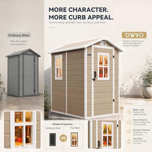 DWVO Outdoor Storage Shed 4.4×6FT, Plastic Garden Shed with 2 Windows