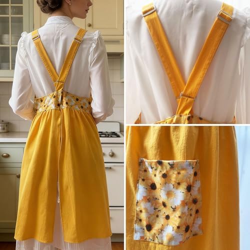 Cotton Linen Apron Cross Back Apron for Women with Pockets Pinafore Dress