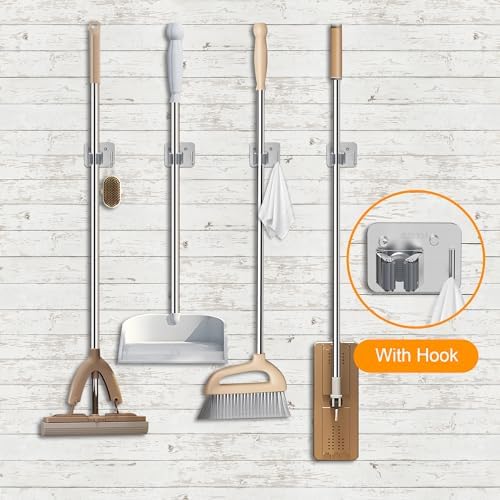 4 Pack Stainless Steel Heavy Duty Broom Holder Wall Mount with Hook, Silver