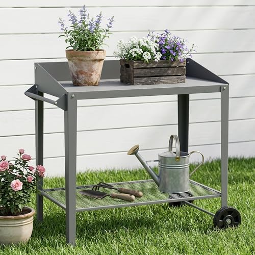 DDK Outdoor Metal Potting Bench with Wheels, Storage Shelf, Dark Gray