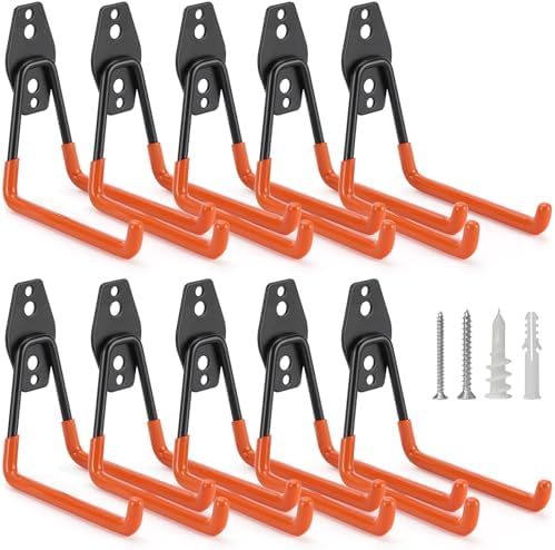 10 Pack Garage Hooks Heavy Duty Storage Organizer Wall Mount Power and Garden Tool Hangers, for Hanging Ladders, Ropes, Hose, Bulk Items