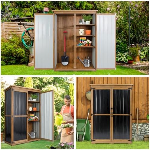 Outdoor Storage Cabinet Waterproof with Shelves, Outdoor Storage Shed Garage Cabinet Weatherproof, Wood & Metal Outside Patio Backyard Garden Pool Storage Tool Organizer