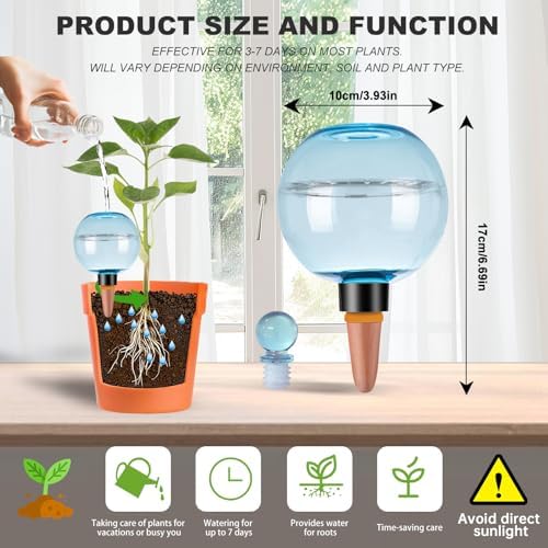 6 Pack Self Watering Globes 17oz Large Plant Watering Globes Top Fill, Self Water Planter Insert Indoor/Outdoor Plastic Water Bulbs Slow Release Terracotta for Plants, Blue