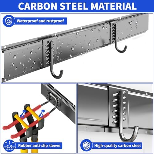Garage Tool Organizer Wall Mount, 48 Inch Heavy Duty Garden Tool Organizer Storage System, Easy Install with 9 Adjustable Hooks, for Garage, Basement, Shed, Workshop, Black, Steel
