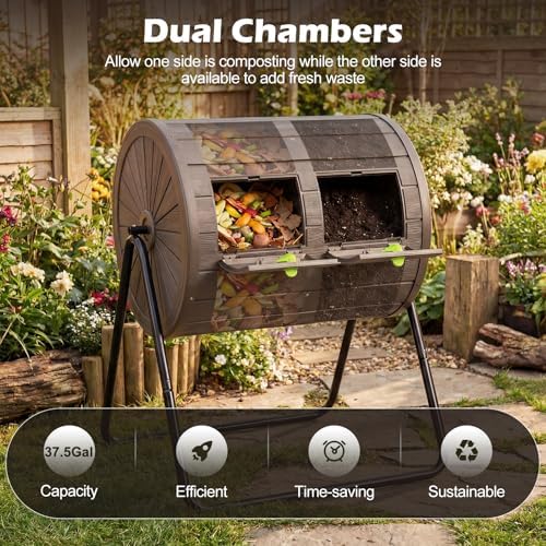 Goplus Compost Tumbler, 37.5 Gallon Large Outdoor Compost Bin w/Dual Chambers, 2 Lockable Doors, Efficient 360° Rotating Batch Composter for Garden Yard Farm Waste, Easy Assembly, BPA-Free (Coffee)