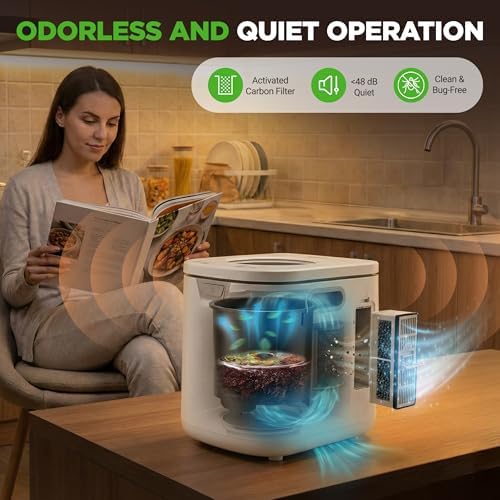 NutriChef 4 Quart Electric Kitchen Composter | Smart Countertop Composter Includes 2 Odorless Carbon Filters | Electric Compost Bin for Indoor Use | 3 Volume Based Modes Small, Medium & Large | White