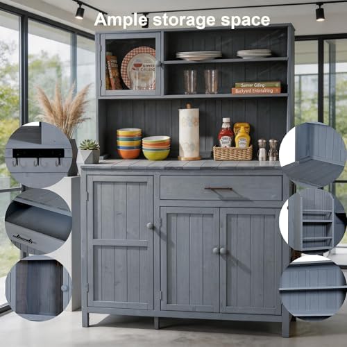 65 Inch Garden Potting Bench with Hutch Top, Gray