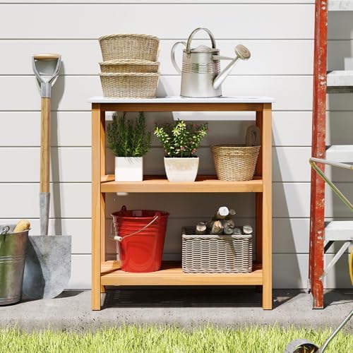 Goplus Patio Wooden Sideboard, 3-Tier Acacia Outdoor Kitchen Buffet Organizer w/Marble-Like Countertop & 2 Slatted Shelves, Garden Potting Bench Table & Plant Stand for Backyard, Garden, Deck