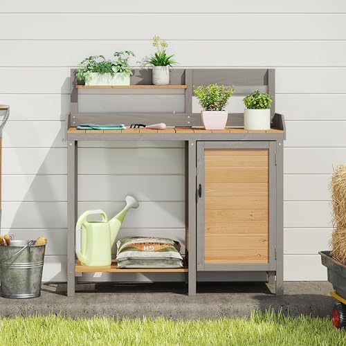 Outdoor Potting Bench with Sink, Wood Garden Workstation with Cabinet
