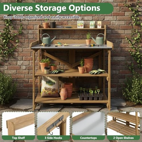 Garden Potting Bench Table Wooden Horticulture Outdoor Planting Work Bench with Metal Tabletop/Hooks/2 Large Open Shelf(34.8" LX 18" W X 46.6" H)