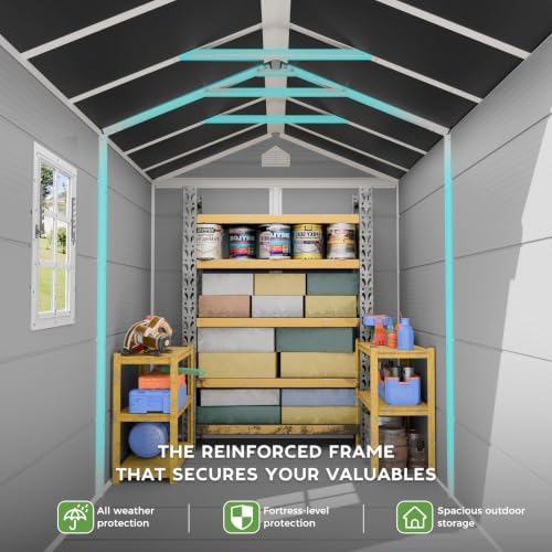6x8x8 FT Outdoor Resin Storage Shed with Floor, Heavy-Duty 21-Gauge Steel Frame & 14mm Ultra-Thick Walls,Multi-Purpose Storage Building with 2 DIY Windows for Bikes, Lawnmowers, Garden Gear