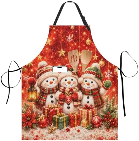 Christmas Aprons Red Snowman Kitchen Apron with 2 Pockets