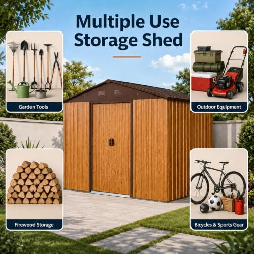 8 x 6 FT Outdoor Storage Shed, Metal Garden Shed with Floor Frame, Tool Shed Outdoor Storage with Lockable Sliding Doors & Air Vents, Storage House Waterproof for Backyard, Lawn, Coffee