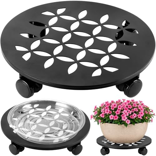 1 Pack 13.5" Large Metal Plant Caddy with Wheels Heavy-Duty Plant Dolly Pot Mover Rollers Rolling Plant Stands Indoor Outdoor Wheeled Plant Holder Coaster Trolley, Black