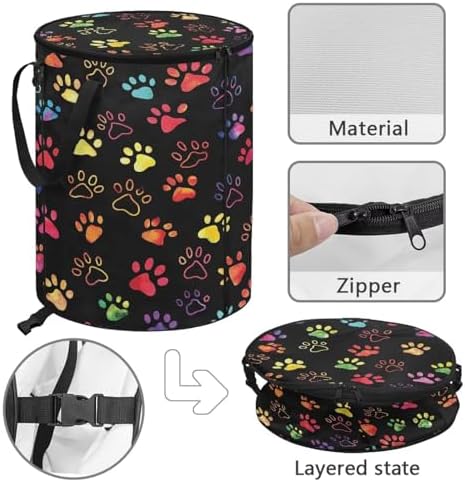 24 Gallon Collapsible Trash Can with Lid and Handles for Outdoor Camping Colorful Animal Paws Print Reusable Garbage Bin Garden Leaf Bin Home and Yard Waster Bag