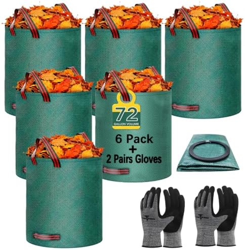 6 Pack 72 Gallon leaf bags reusable yard waste bags lawn bags,1 pairs of gardening gloves are included,Suitable for camping yards, can Cleaning debris, leaves,grass clippings