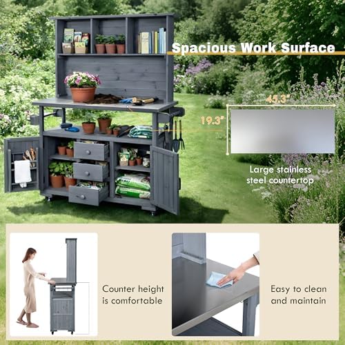 Merax 65''H Large Garden Storage Potting Bench with Lockable Wheels, Wood Outdoor Kitchen Island with Stainless Steel top, Drawers, Door Shelves and Hutch for Grilling, Gray