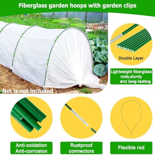 60pcs Garden Hoops for Raised Beds Wide, 8ft Greenhouse Hoops Grow Tunnel for Row Cover Netting, Adjustable Fiberglass Rust-Free Garden Bed Plant Hoops Support DIY Frame Stake for Outdoor, 40pcs Clips