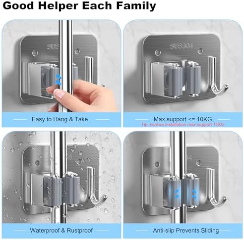 2 Pack Broom Holder Wall Mount, 304 Stainless Steel Mop Organizer with Hook