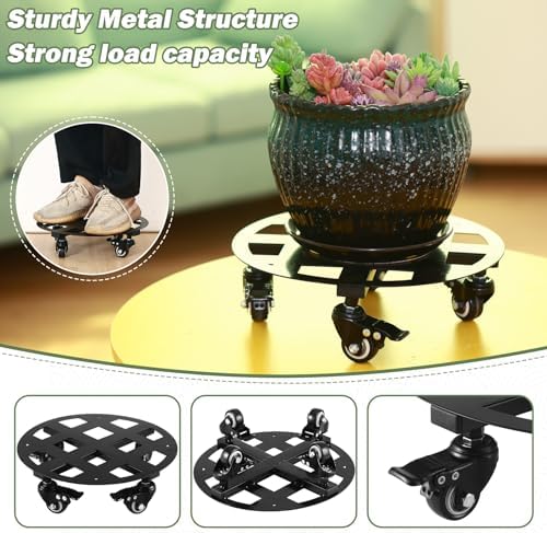 2 Packs 12 inches Large Metal Plant Caddy with Wheels Heavy-Duty Round Plant Stands with Casters Indoor Outdoor Flower Pot Mover Roller Base Garden Dolly Coasters Black, Strong Load Capacity