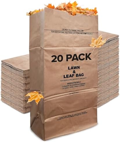 30 Gallon Kraft Lawn and Leaf Bags (20 Pack) Eco-Friendly Heavy Duty Large Paper Trash Bags, Tear Resistant Yard Waste Bags for Grass Clippings, Wet and Dry Leaves, Weeds, Twigs