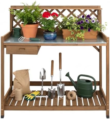 Garden Potting Bench with Metal Tabletop,Outdoor Potting Table Workstation Benches with Drawer/Storage Shelf，Fir Wood Potting Station Work Table with Open Shelf,Lattice Back (Brown)