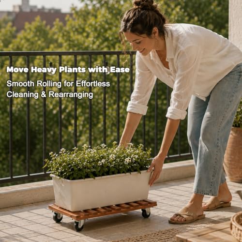5 Pack Rectangular Plant Caddy with Wheels, 17.5 x 12 Inch Wooden Rolling Plant Stand, Mobile Plant Dolly for Large Heavy Pots, Indoor Outdoor Flower Pot Mover for Patio, Garden, Balcony